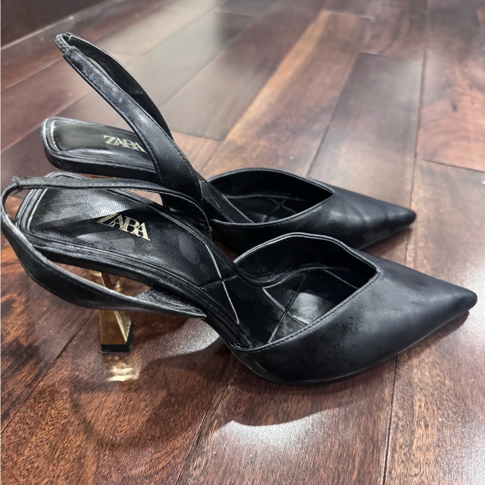 Zara Black Slingback Heels with Gold Accents